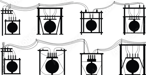 Black Silhouettes of Electrical Transformers and Insulators with Wires Keywords: electricity, transformer, electrical, power