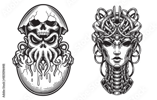 Dark Sci-Fi Fantasy Vector Set featuring Tentacle Skull and Intricate Cyborg Female Head Portrait.