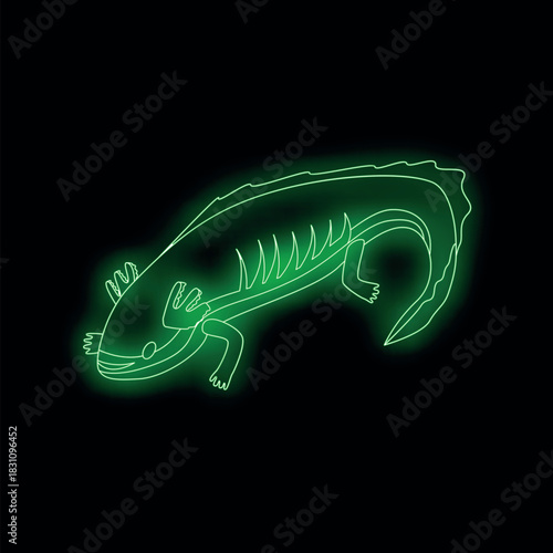 Green neon light depicting an axolotl swimming underwater in the dark, creating a vibrant and otherworldly atmosphere