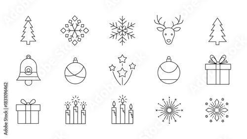 Festive Holiday Icons: A collection of meticulously crafted line art icons evokes the joy and wonder of the holiday season, with elements of nature and celebration.