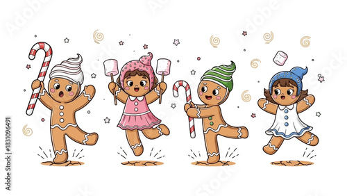 Sweet Gingerbread Friends' Playtime: An enchanting array of animated gingerbread figures in delightful attires and sweet candy canes, capturing a moment of playful joy and celebratory mood.