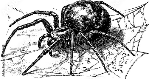 Vintage black and white outline vector illustration of a spider on its web. This detailed engraving showcases the realism of the insect in a monochrome style.