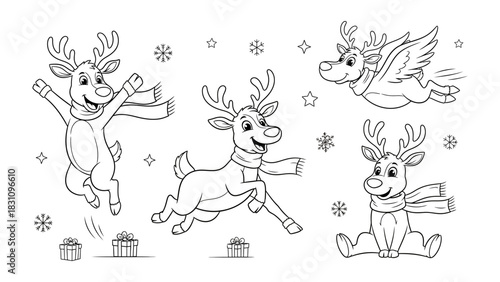 Playful Reindeer Collection: A delightful collection of playful reindeer, each exuding a unique charm with expressive eyes, winter scarves, and joyous movements. Perfect for holiday-themed designs.