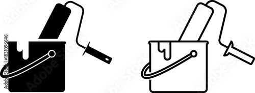Paint roller and bucket icon design showcasing simple and modern aesthetic in black and white style