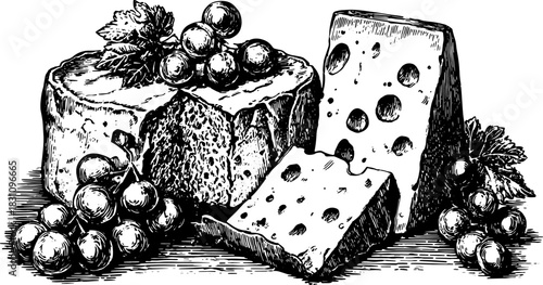 Vintage line drawing illustration of cheese and grapes in black and white. Detailed vector set showcasing food pairings in a classic style.