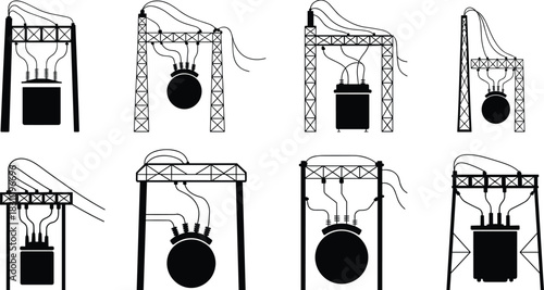 Collection of electrical transformer and substation icons with wires and supports electricity power