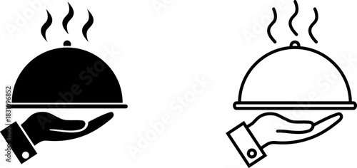 Food serving icons in black and white illustrating a hand holding a covered dish with steam rising, suitable for culinary themes and presentations