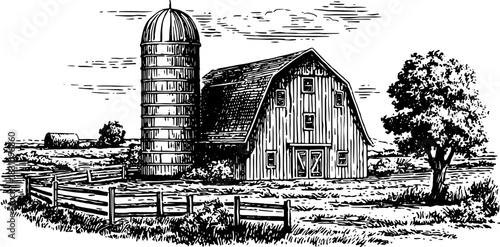 Barn and silo with fence, tree, and field in a rural landscape. Agriculture building scene in countryside. Black and white vector illustration.