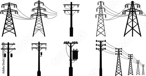 Collection of Electricity Transmission Towers and Poles Silhouettes Keywords: electricity, power, energy, transmission