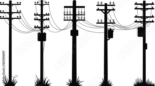 Collection of Five Black Silhouettes of Utility Poles with Wires and Transformers electricity power line
