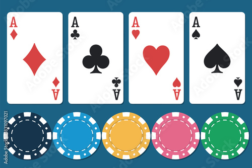 Four aces and poker chips are arranged on a blue background.