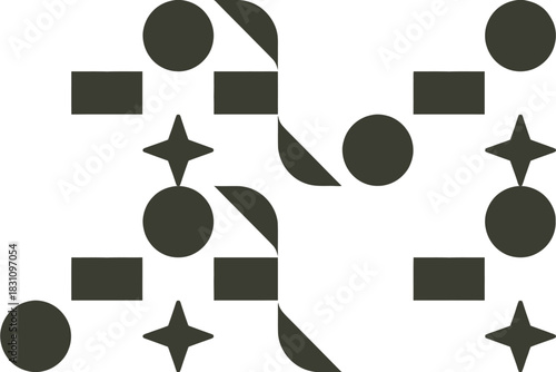Abstract geometric pattern composed of circles, squares, and star shapes on a white background.