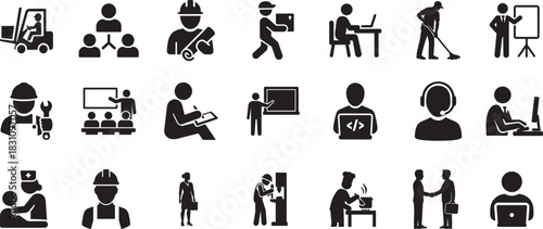   Bold vector silhouette icon set of work tools and tasks, ideal for professional design and stock use.