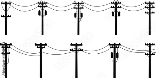 Eight Silhouetted Electricity Poles With Wires And Insulators On White Background power line utility pole