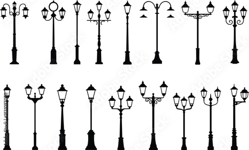 Collection of vintage and modern street lamp silhouettes on white background Keywords: street lamp, lamppost, light pole