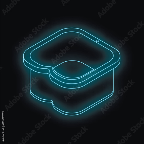 Neon blue glowing yogurt packaging on a black background represents healthy eating and freshness