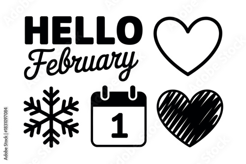 Hello February graphic with a snowflake, calendar, and hearts symbolizing winter.