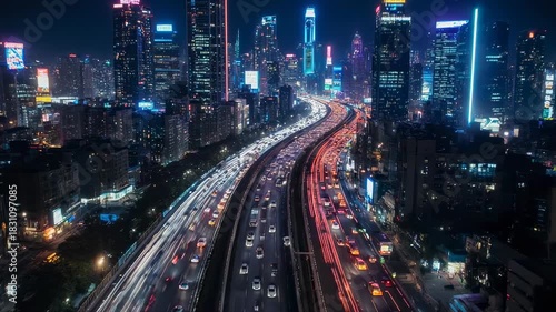 Night Cityscape - A Vibrant Urban Scene with Traffic.
