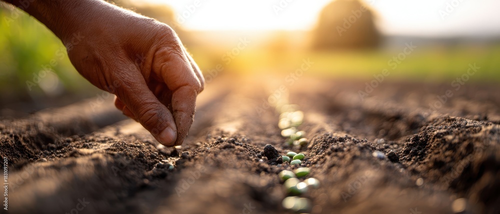 Obraz premium The Hand Planting Tiny Green Seeds in Fresh Soil Rows at Golden Sunrise