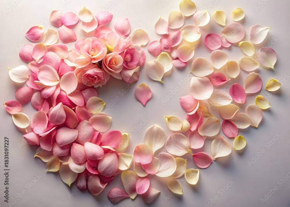 Obraz premium Heart shape made of rose petals and full blooms in shades of pink and cream on light surface for romantic natural composition