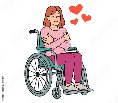 A woman in a wheelchair hugs herself with hearts floating above her head.