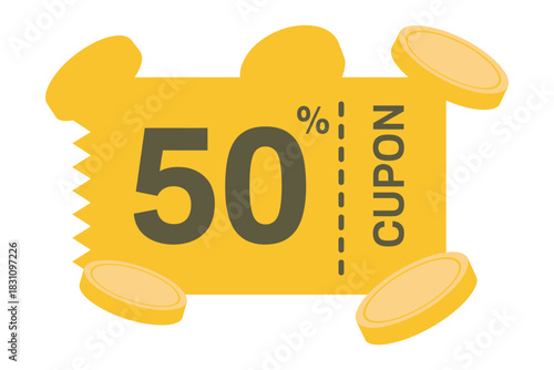 A yellow coupon with 50% off is surrounded by floating golden coins on a white background.