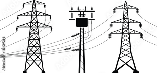 Electricity transmission towers and a transformer pole with power lines energy infrastructure
