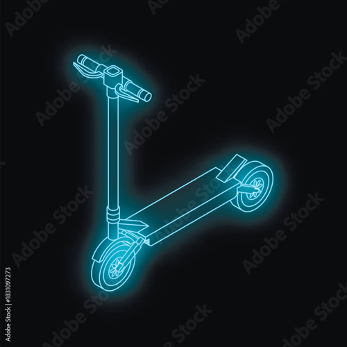 Neon blue glowing electric scooter isolated on black background, representing modern transportation and urban mobility