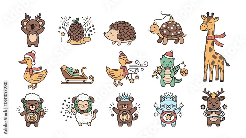 Holiday Animal Collection: Charming illustrations of festive animals, each adorned with seasonal attire, create a whimsical and joyous scene, perfect for spreading holiday cheer.