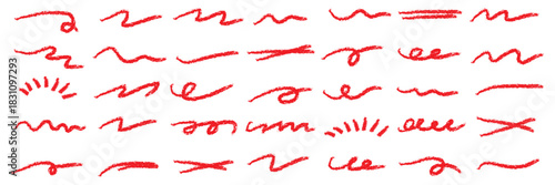 Abstract Red hand drawn lines and scribbles on white background by marker or pen. Doodle chalk style design elements for highlights, text dividers, frames, or decorative purposes. Minimalist sketchy.E