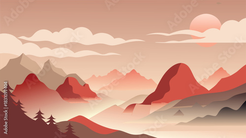 Scenic view of a Chinese landscape, showcasing mountains and birds gliding overhead..eps