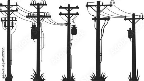 Five silhouettes of electricity poles with transformers and grass at the base power wires