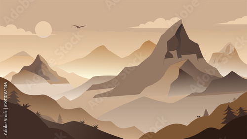 Serene Chinese landscape featuring mountains with birds soaring gracefully in the sky above..eps