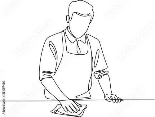 Continuous Line Art Illustration of Bartender Wiping Counter with Cloth Simple Everyday Pub Moment Minimal Handmade Style