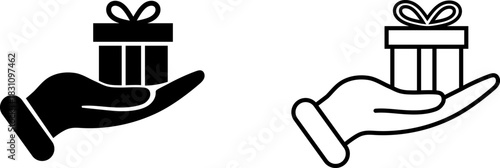 Icon showing hand holding a gift box in black and white, suitable for various festive themes and designs