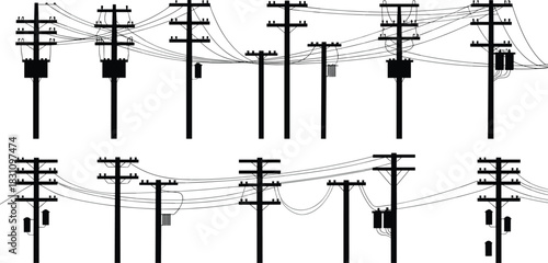 Eleven Silhouetted Electricity Poles With Transformers And Wires On White power line utility pole