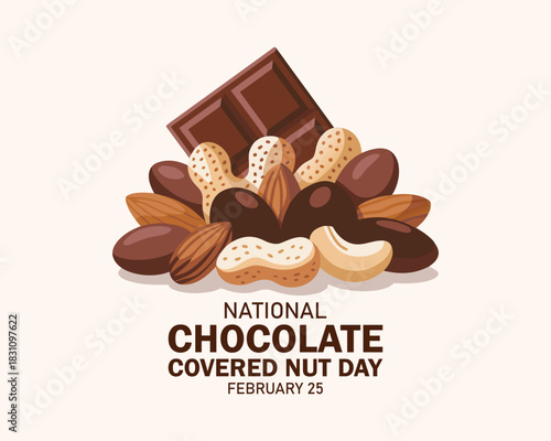 National Chocolate Covered Nut Day vector. Pile of mixed nuts in chocolate icon. Group of chocolate covered nuts vector illustration. February 25 every year. Important day.