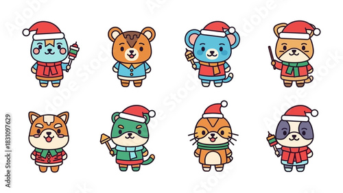 Festive Animal Characters: Adorable animal characters, each adorned with a Santa hat and festive attire, gather for a joyous celebration, radiating warmth and seasonal cheer.