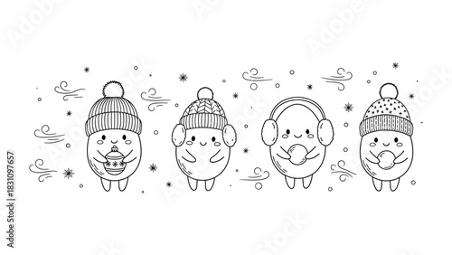 Winter Wonderland Whimsy: Charming cartoon characters in winter attire, expressing joy with cute facial expressions, amid snowflakes and swirling wind.