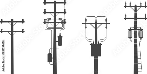 Four Silhouette Electricity Poles With Transformers And Insulators utility pole power pole