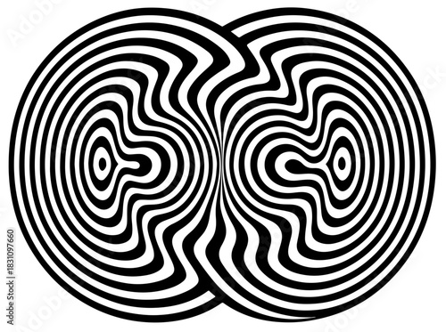  A striking black-and-white design featuring two interlocking circular patterns that create a hypnotic optical illusion. Perfect for art, design, and visual perception projects