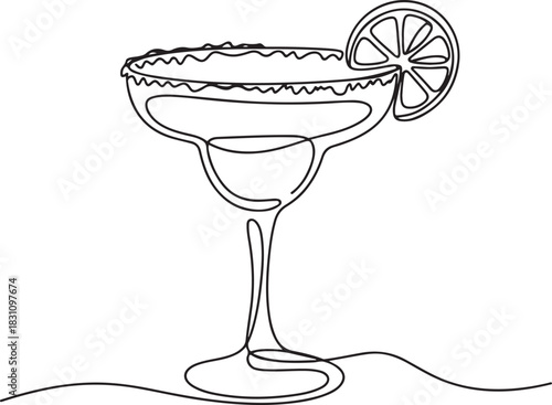 Continuous Line Art Illustration of Margarita Glass with Salt Rim and Lime Wedge Smooth Minimal Handmade Style Version 2
