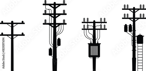 Four Silhouetted Electricity Poles With Transformers And Insulators On White power line utility pole