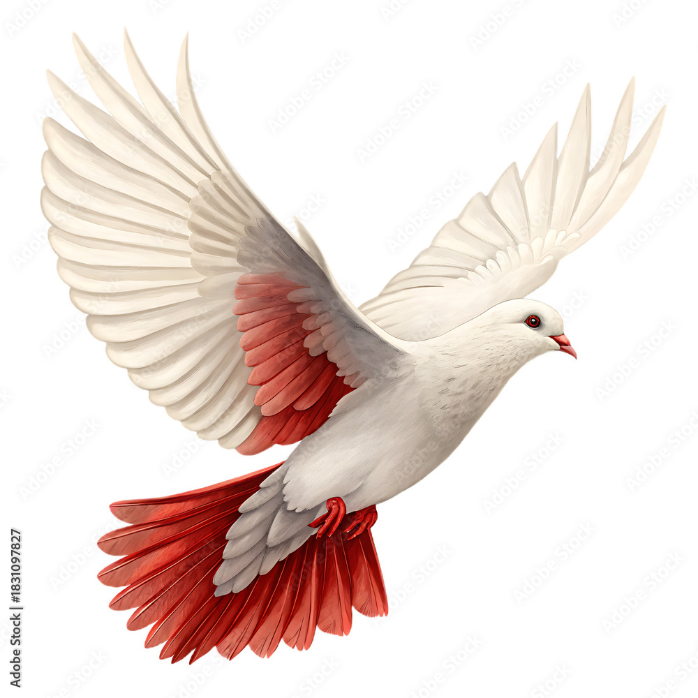 Obraz premium A white dove with red accents flying against a black background with wings spread wide open