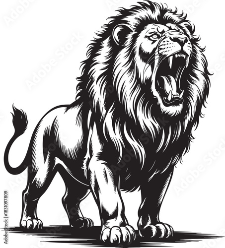 A powerful black and white illustration of a lion with its mouth open in a roar, showcasing its mane and muscular build.
