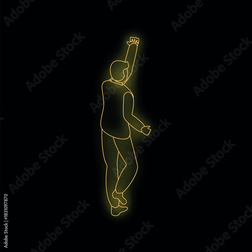 Neon light outline of a businessman reaching for success, isolated on black
