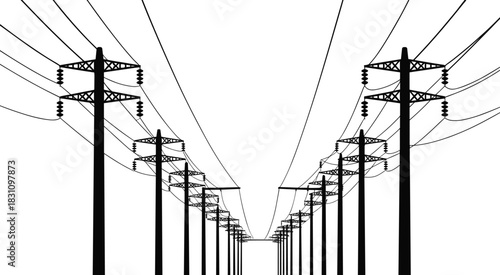 Perspective view of parallel power line towers and overhead wires receding into distance electricity