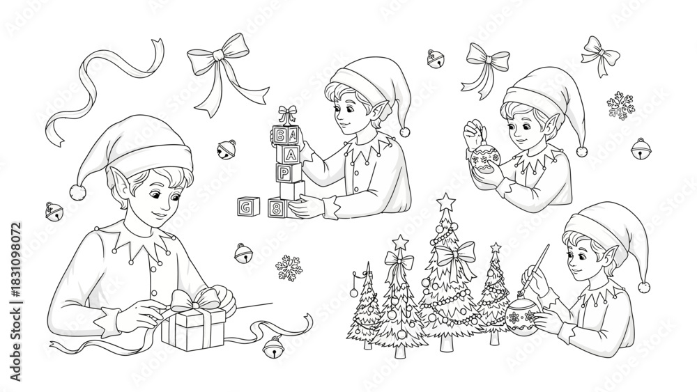 Obraz premium Holiday Elves at Work: charming festive line art illustration presents a collection of playful elves engaged in a variety of holiday activities. Each elve is involved in different activities.