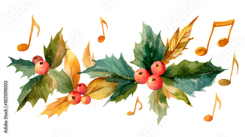 Watercolor holiday music illustration with festive notes, holly leaves, and warm tones isolated on white background