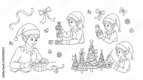 Holiday Elves at Work: charming festive line art illustration presents a collection of playful elves engaged in a variety of holiday activities. Each elve is involved in different activities.
